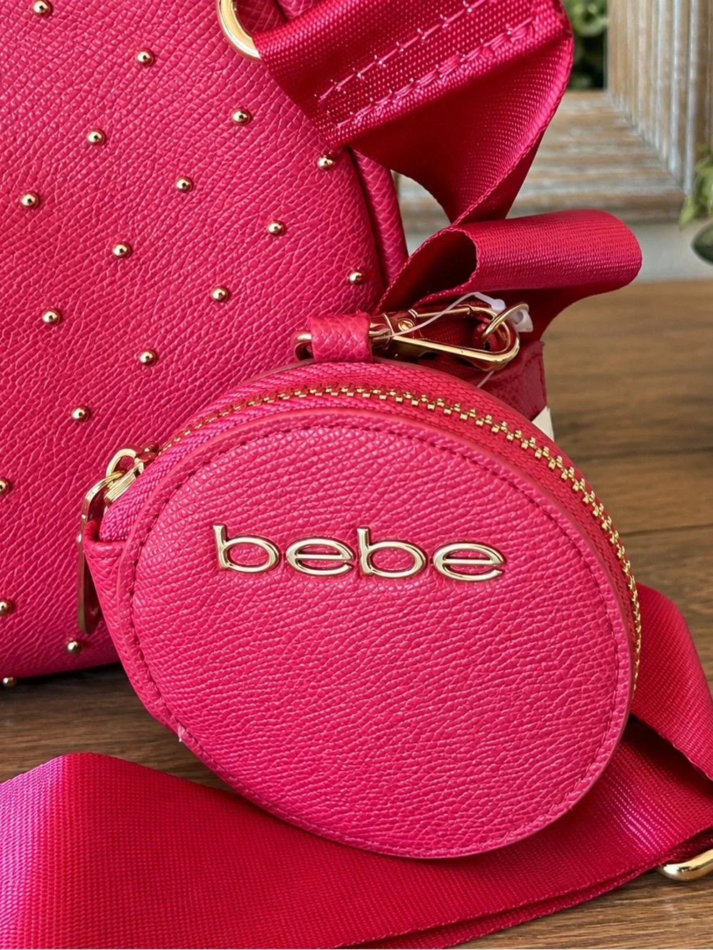 bebe Pink Studded Shoulder Bag Crossbody Purse & Coin Pouch Set NWT